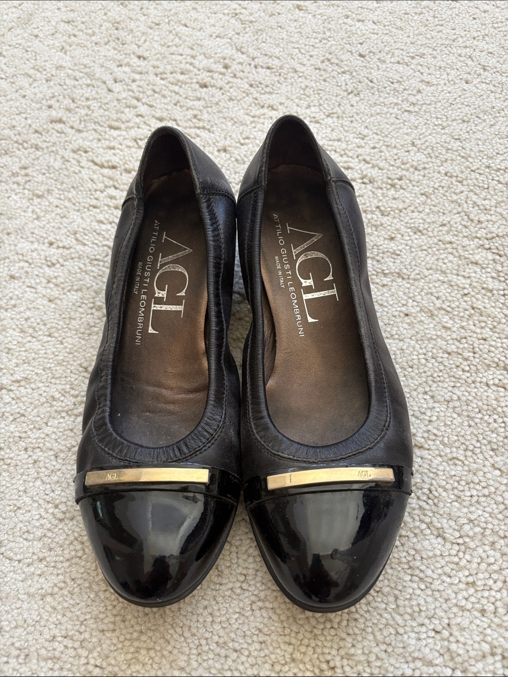 AGL Black Leather Cap-Toe Flats with Gold Bar Made in Italy size 8